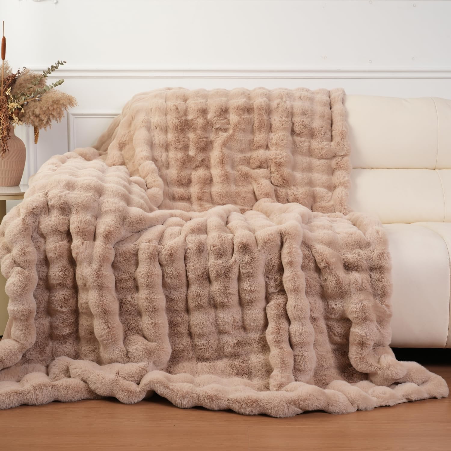 Super Comfort Oversized Warm Thick Bubble Luxury Plush Rabbit Faux Fur Throw Blanket, Fluffy Blanket,Soft Cozy Blanket for Couch Chair Bed Sofa Living Room (Wheat, 60inX80in)