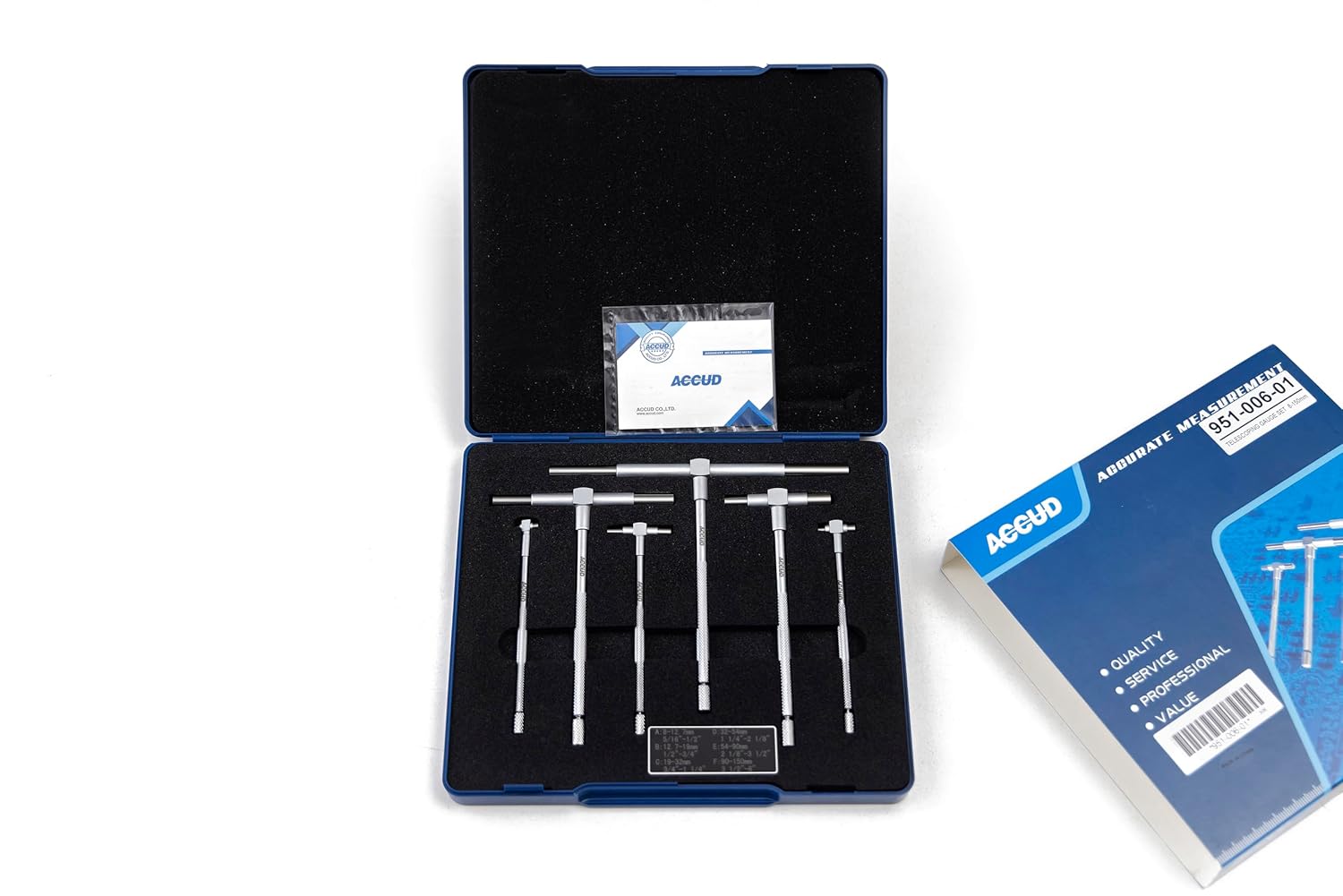 Telescoping Gauge Set 5/16" - 6" Range, Satin Chrome Finished T Bore Hole Gauges, Self-Centering System, Fitted Plastic Box (Set of 6 Pieces)