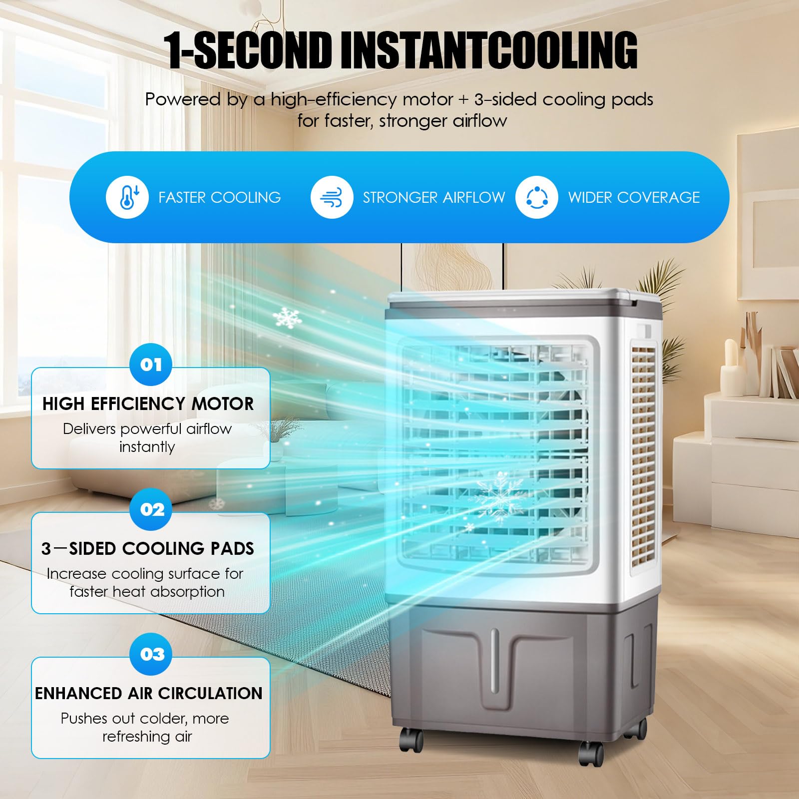 Climatizador Evaporativo 30L, 3000 m³/h Gran Caudal de Aire, 3 Velocidades y Oscilación, Temporizador 7.5H, con Mando a Distancia y 2 Bloques de Hielo para Salones Amplios, Jardines y Terrazas