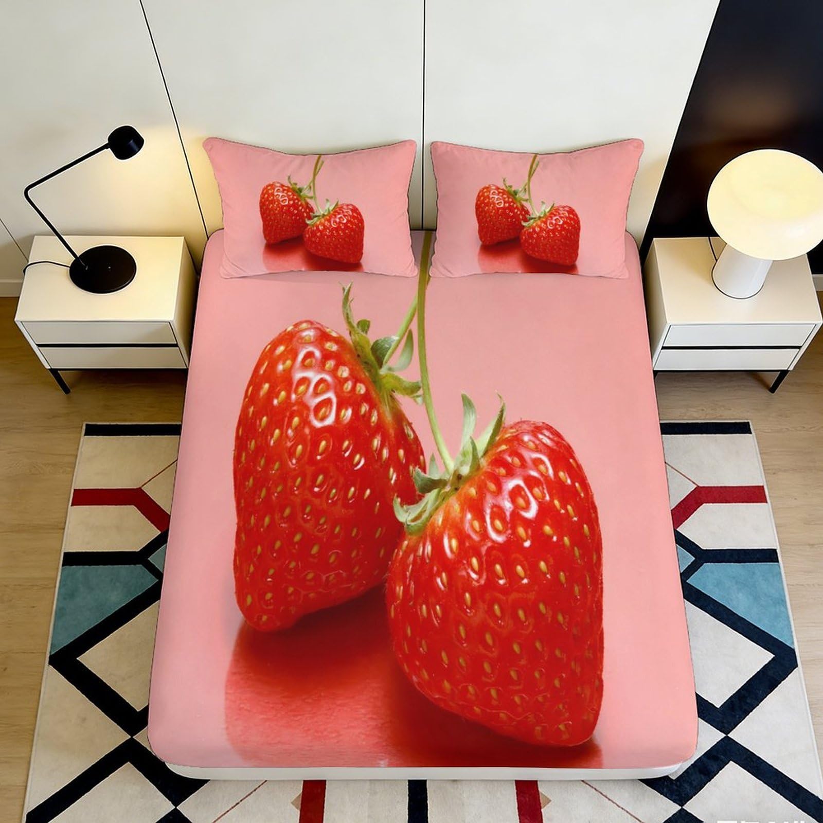3D Printed Strawberry Pattern Fitted Sheet Microfiber Soft Pink Fruit Bed Cover for Bedroom Dorm Mattress Decor 90x200x25cm