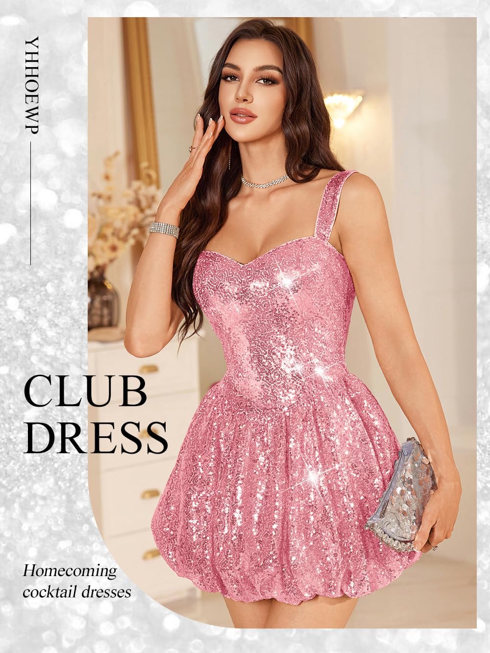 Women‘s Sparkly Sequin Mini Dress Bubble Sweetheart Neckline Cocktail Birthday Club Party Short Homecoming Dresses for Teens Pink L - Image 5