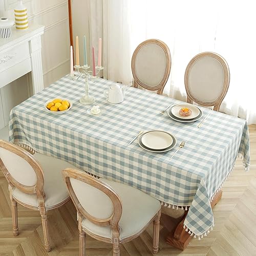 Miniatura 2 de Laolitou Mantel rectangular lavable a cuadros con borlas, algodón y lino, para picnic, cocina, comedor, azul, 70 pulgadas