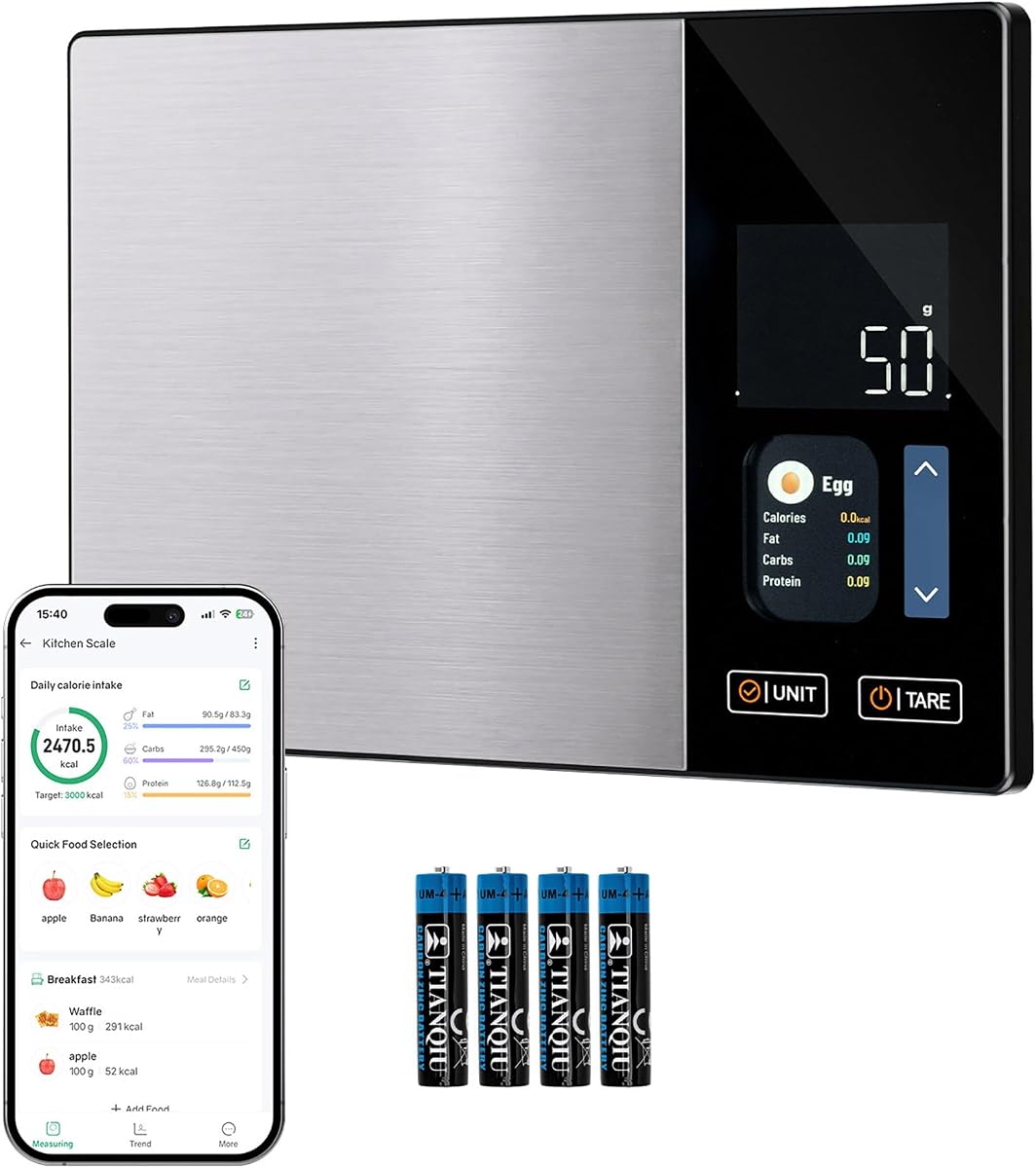 Mcbazel Smart Nutrition Food Scale, Bluetooth, Barcode Scan, Black | Tracks calories, protein, carbs & fat; 50 built-in foods; syncs Apple Health & Fit bit; 99 user profiles; 5kg/1g