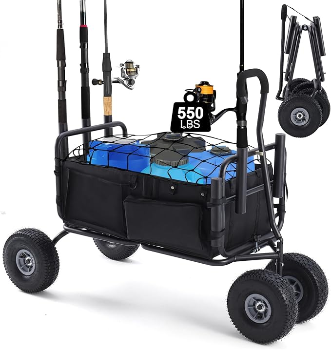 Beach Fishing Cart with Rod Holders,550lb Large Capacity,Foldable Fishing Wagon Cart with 11 inch Wheels, 5 Rod Holders,1 Umbrella Holder and Storage Pockets for Sand,Gravel and Grass