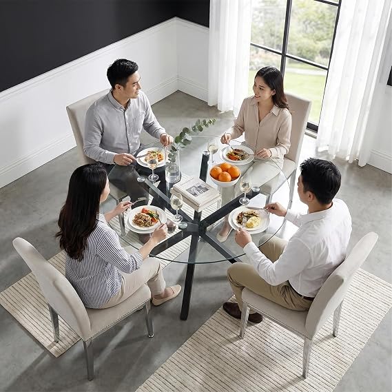 Blisswood Round Dining Table, Dining Table for 4 Seater, 90cm Tempered Glass Kitchen Table with Black Cross Base Iron Legs, Modern Dining Room Furniture for Breakfast, Home, Apartment & Small Spaces