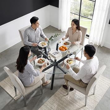 Blisswood Round Dining Table, Dining Table for 4 Seater, 90cm Tempered Glass Kitchen Table with Black Cross Base Iron Legs, Modern Dining Room Furniture for Breakfast, Home, Apartment & Small Spaces