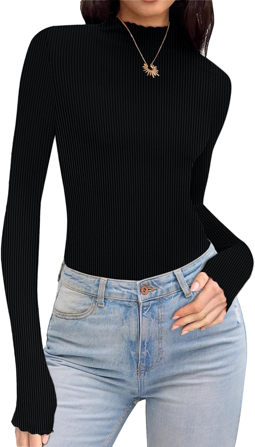 ELESOL Turtleneck Shirt Women Ruffle Ribbed Long Sleeve Mock Neck Tops Slim Fit Lettuce Trim Base Layer