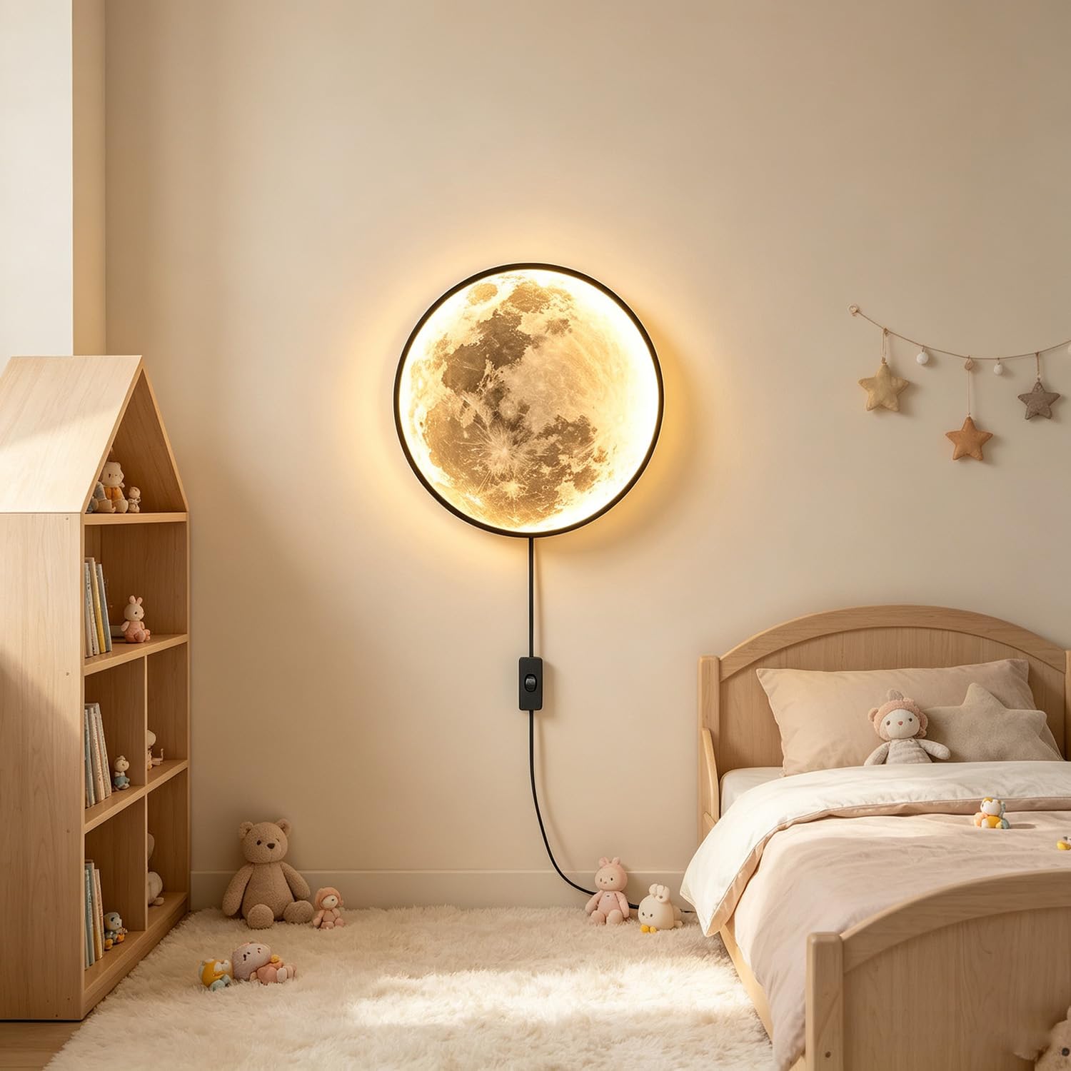 Aplique de Pared LED Luna Interior con Mando a Distancia, Lámpara de Pared Regulable 35W con Interruptor y Enchufe, Lámpara de Cabecera Infantil con Cable, Lámpara de Luna para Dormitorio Salón,30cm