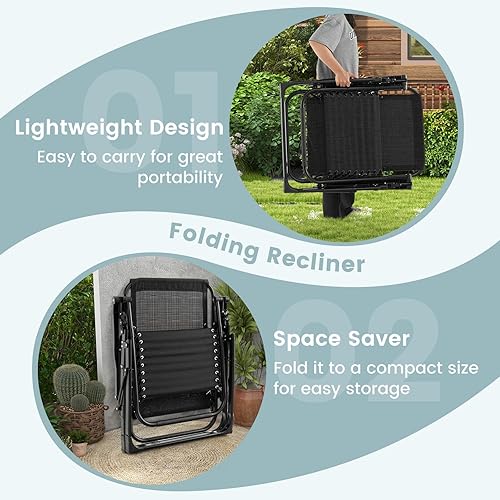 Miniatura 7 de Giantex Silla Zero Gravity con cojines de patio, silla reclinable plegable ajustable con almohada y soporte para tazas, sillón reclinable de césped