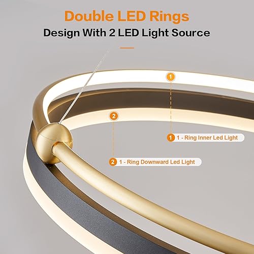 Miniatura 2 de Lámpara colgante LED moderna de 23.6 pulgadas, color negro, dorado, regulable, lámpara LED circular, 1 anillo con control remoto, luz colgante