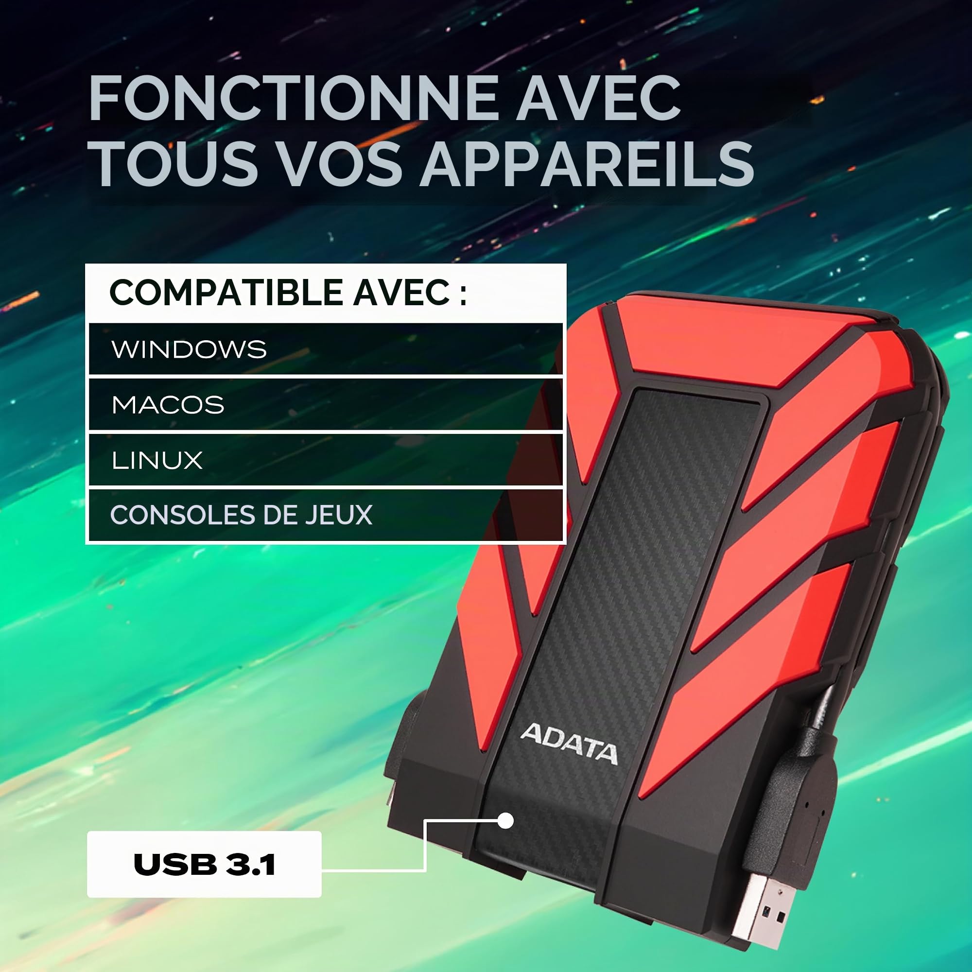 ADATA HD710 Pro Disque Dur Externe 1000 Go, USB 3.2 Gen1 Noir/Rouge