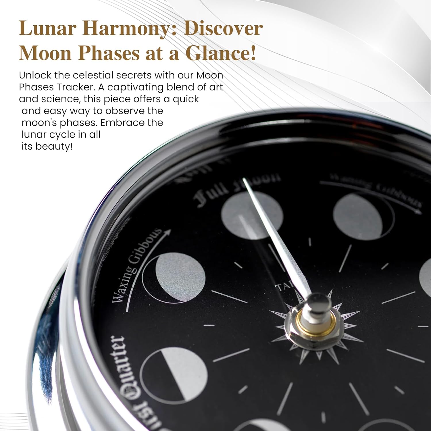 Handmade Prestige Chrome Moon Phase Clock - Elegant Full Moon Wall Clock with Jet Black Dial, Stunning Look with Mirrored Backdrop and Chrome Hands, Perfect Decorations and Gift