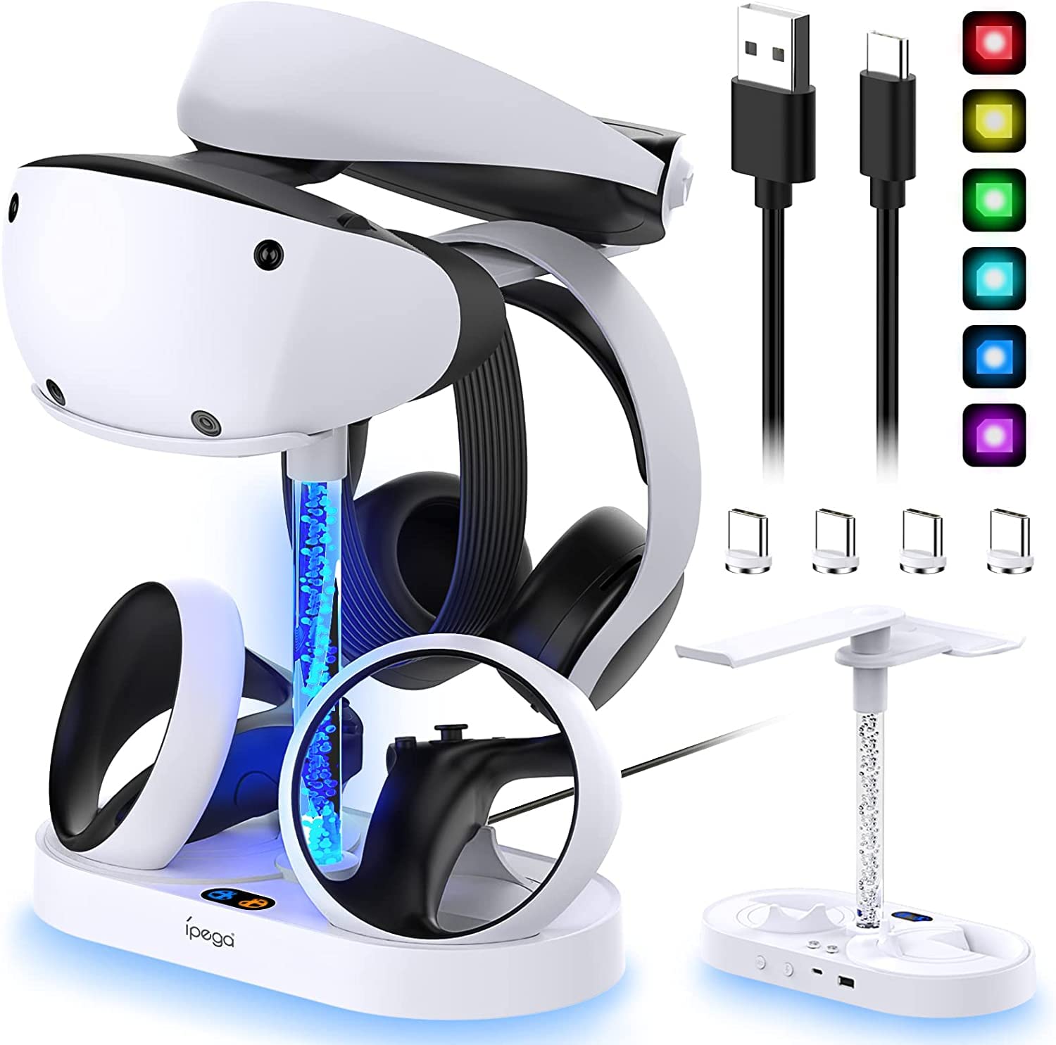 For VR2 Charging & Storage Stand for Playstation VR2 Controller with Colorful Light Column,4pcs Type-C Magnetic Charger Connector, Dual Charger Dock/VR Headset Holder/Dazzling RGB Light for PSVR2
