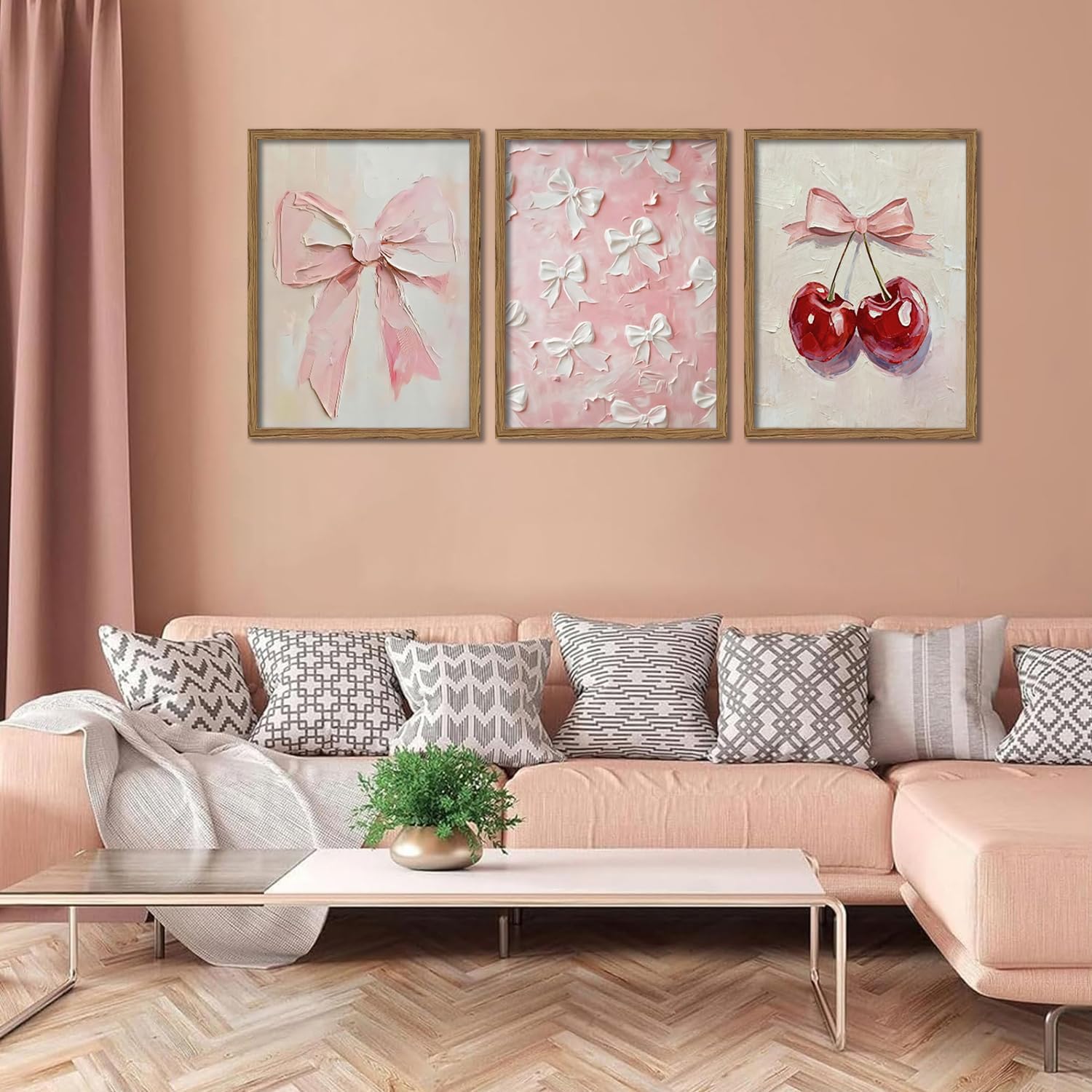 Pink Bow Canvas Wall Art Set of 3 Framed Preppy Girly Wall Decor with Cute Bows & Cherries Vintage Pink Aesthetic Artwork for Bedroom Bathroom Dorm, Natural Wood Frame 12x16
