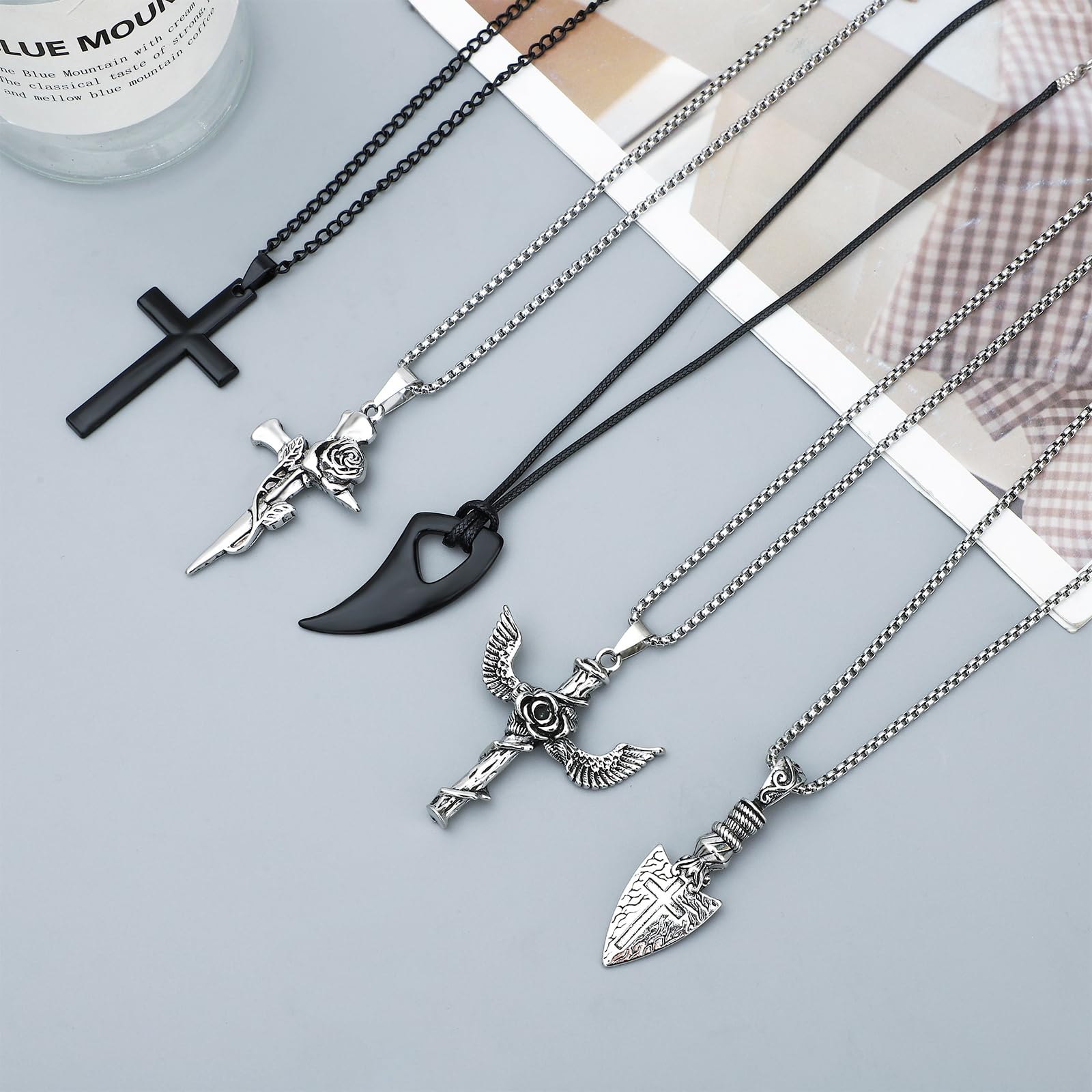 NEWITIN 12 Pieces Stainless Steel Necklaces for Men Hypoallergenic Necklace Unisex Punk Necklace Amulet Pendant Nail Cross Viking Necklaces for Men Women