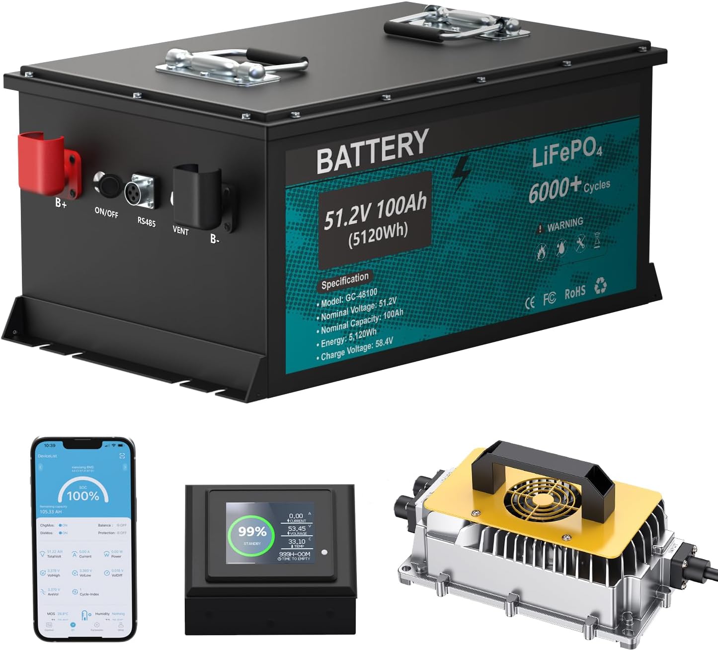 48V 100AH Lithium Golf Cart Battery, 6000+ Deep Cycle LiFePO4 Battery with 200A Smart BMS, Come with 58.4V 18A Charger & LCD Monitor for Golf Cart
