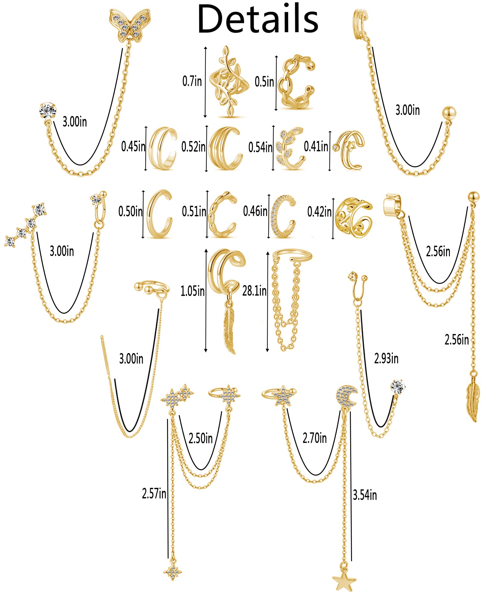 20Pcs Ear Cuff Earrings Clips On Helix Cartilage Dangle Chain Wrap Cuff Earrings for Women Girls Silver Gold Tone Adjustable