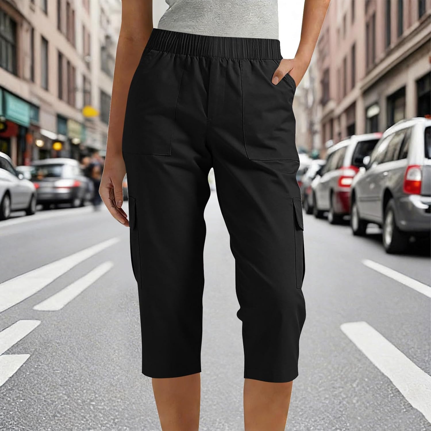 Cargo Capri Pants for Women High Waisted Relaxed Fit Elastic Knit Waist Casual Capris Trousers Cropped Pants