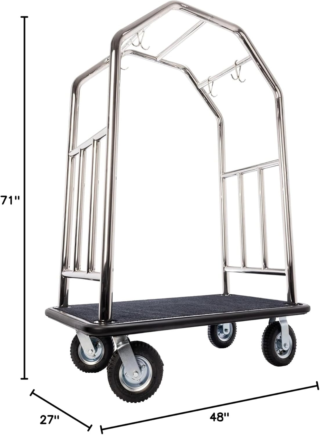 Stainless Steel Luggage Cart – 1000lb Capacity – Bellman Cart w/ 2" Welded Steel Frame, Plush Carpeted Deck & 8" Wheels, for Hotel, Resort, Large Events Use (Grand Lux Series)
