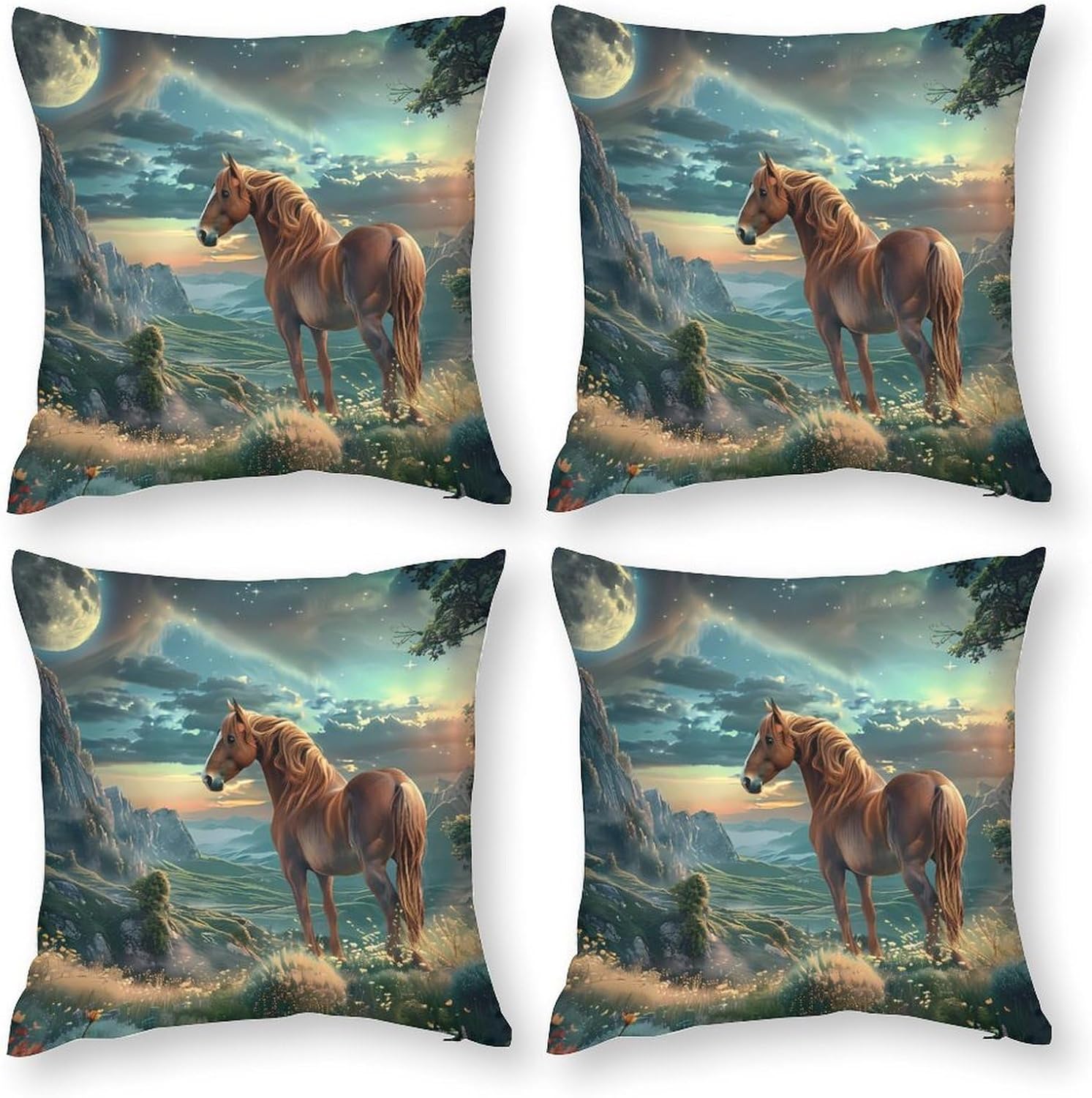 Brown Horse Moonnight Printed Throw Pillow Case 4 Pcs Soft Pillowcases Pillows Covers Sofa Bed Decor 12/14/16/17/18/20/22/24/32 Inches