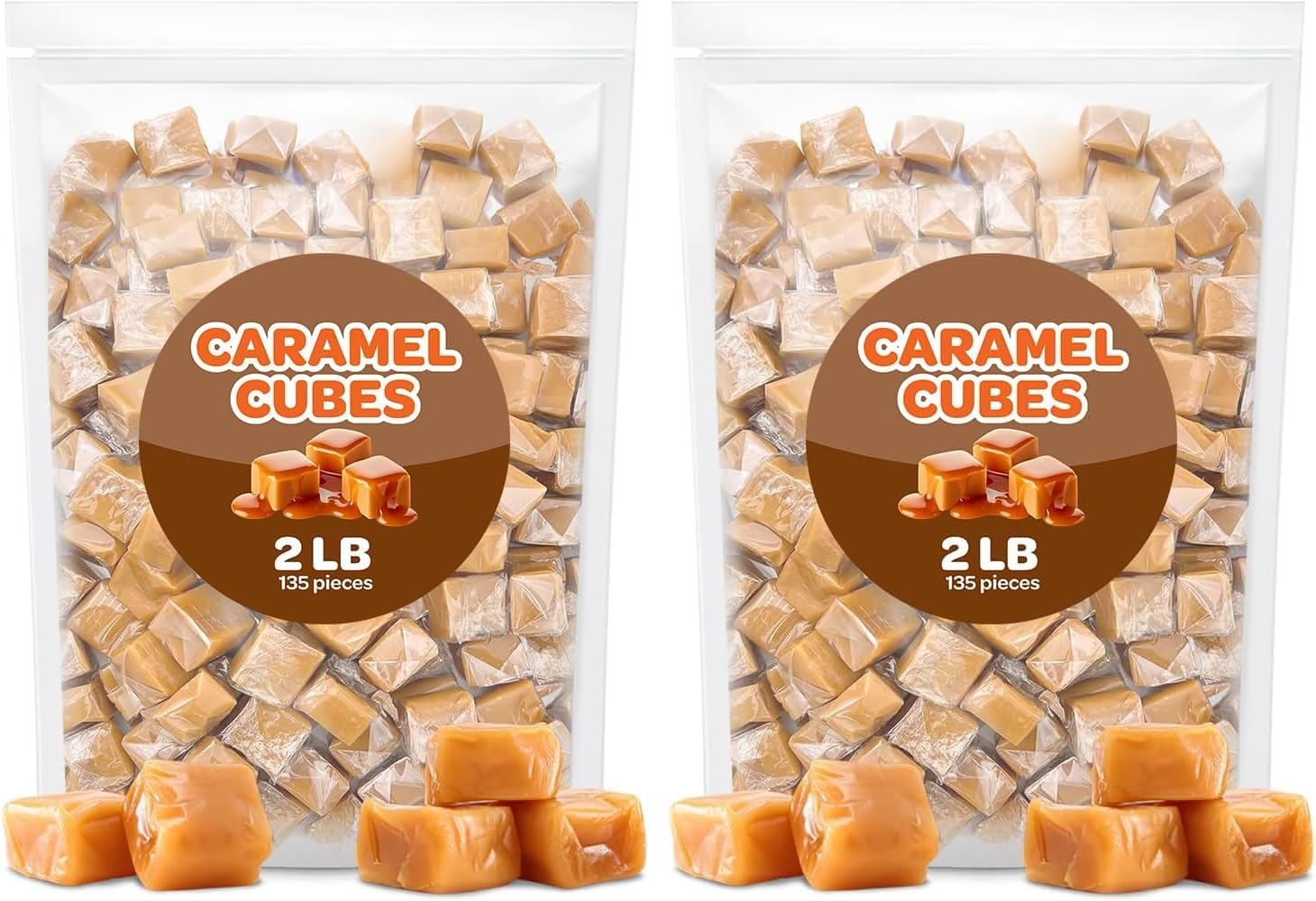 Caramel Cubes Candy - 2 Pound Bulk Pack (About 135 Count) - Classic Creamy Squares - Individually Wrapped (Pack of 2)