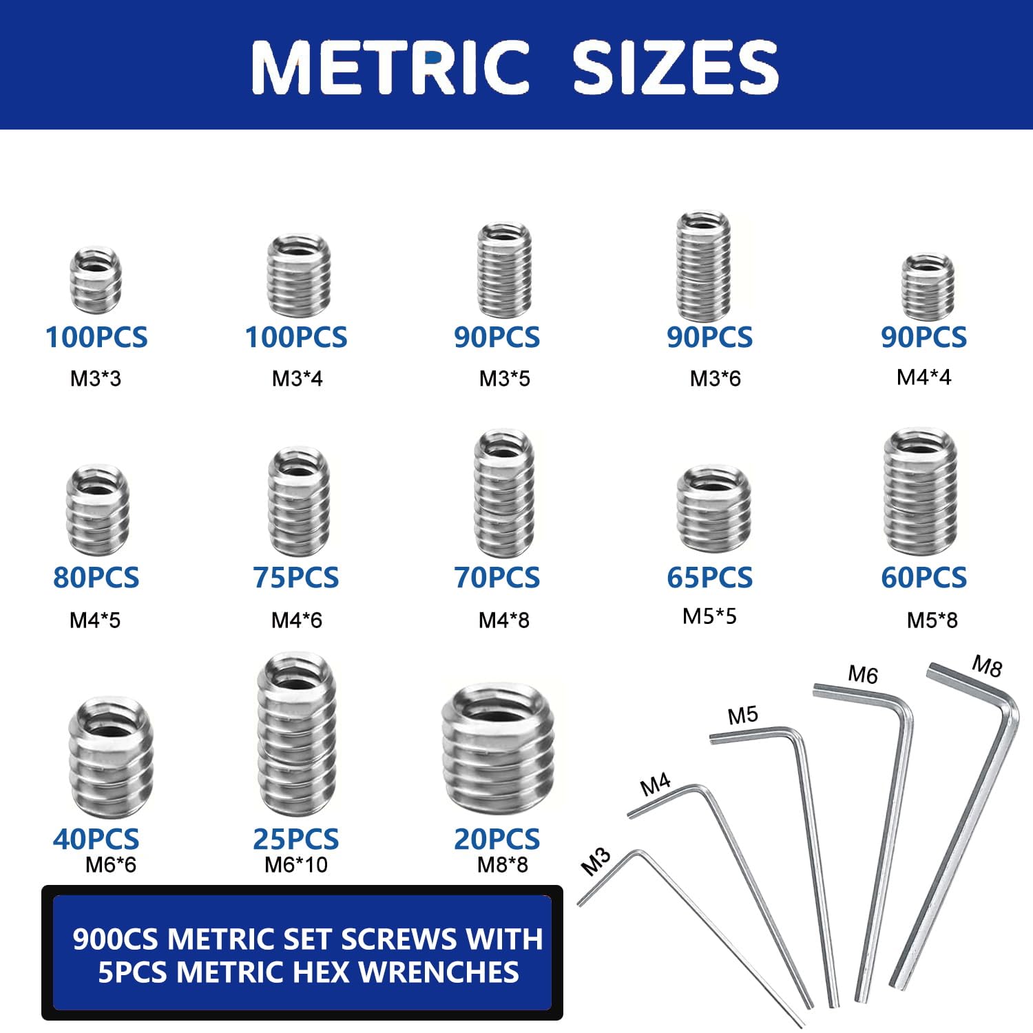 1400Pcs Set Screw Assortment Kit 25 Size Metric & SAE Allen Set Screws for Bathroom Fixture 304 Stainless Steel Internal Hex Drive Cup-Point for Door Knob, Faucets(M3-M8, 1/8"-40 to 5/16"-18)