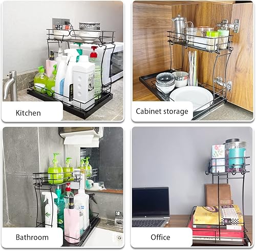 Miniatura 5 de JorJorLer Organizador de armario extraíble de 2 niveles para debajo del fregadero, estante de almacenamiento con cesta de almacenamiento deslizante