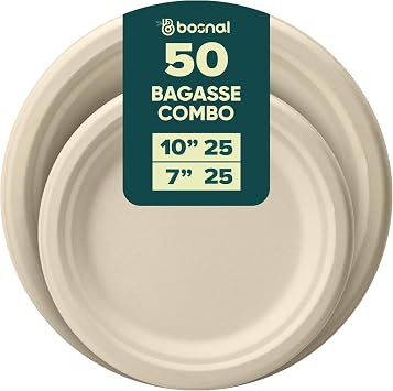 BOSNAL 10 inch and 7 inch Round Plates 100% Plant-Based Sugarcane Bagasse, Eco-Friendly Disposable Plates for Hot & Cold Meals, Microwave Safe, Compostable, Durable & Sustainable