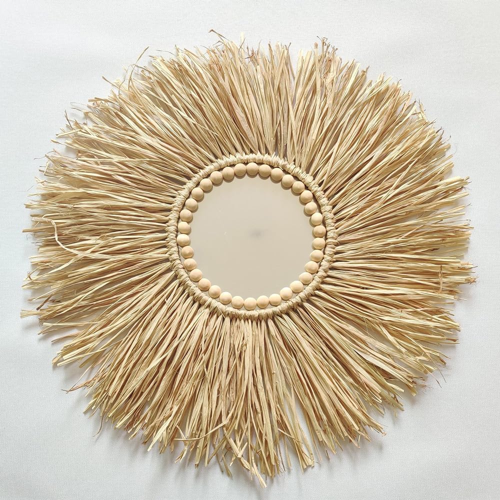 Boho Wall Mirror - Raffia Straw Mirror Wall Decor Round Handmade Wall Art for Children Room Decor Living Rooms Bedrooms Display Table Settings Home Kitchen 18in (Mirror)