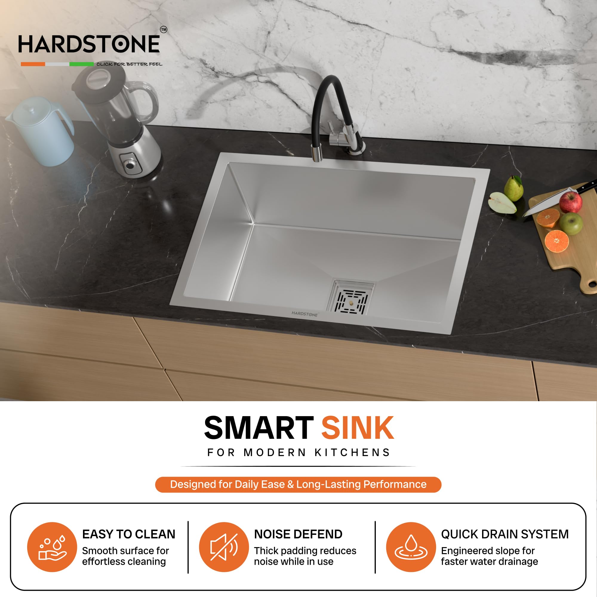 HARDSTONE Premium Kitchen Sink | Single Bowl 24x18x9 Inch | Grade Stainless Steel Matte Finish | Handmade Heavy Duty Wash Basin for Modern Homes | Includes Waste Pipe, Coupling & Basket | Silver 2