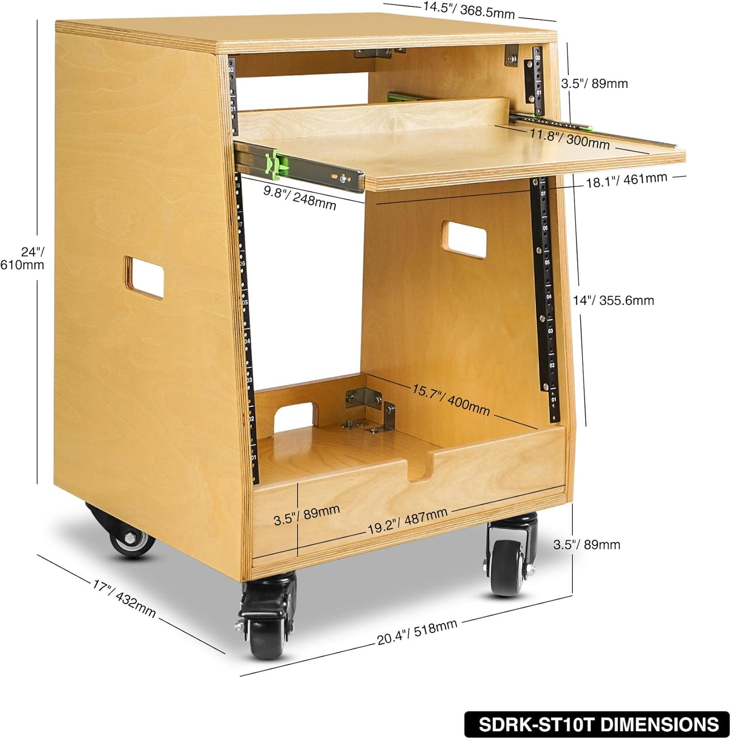 Sound Town DIY Slanted 10U Studio Rack (2U Top + 8U Lower), with 2U Bottom Storage, Slide-Out Tray, Caster, Plywood, Golden Oak For Recording Room, Home Studio (SDRK-ST10T)
