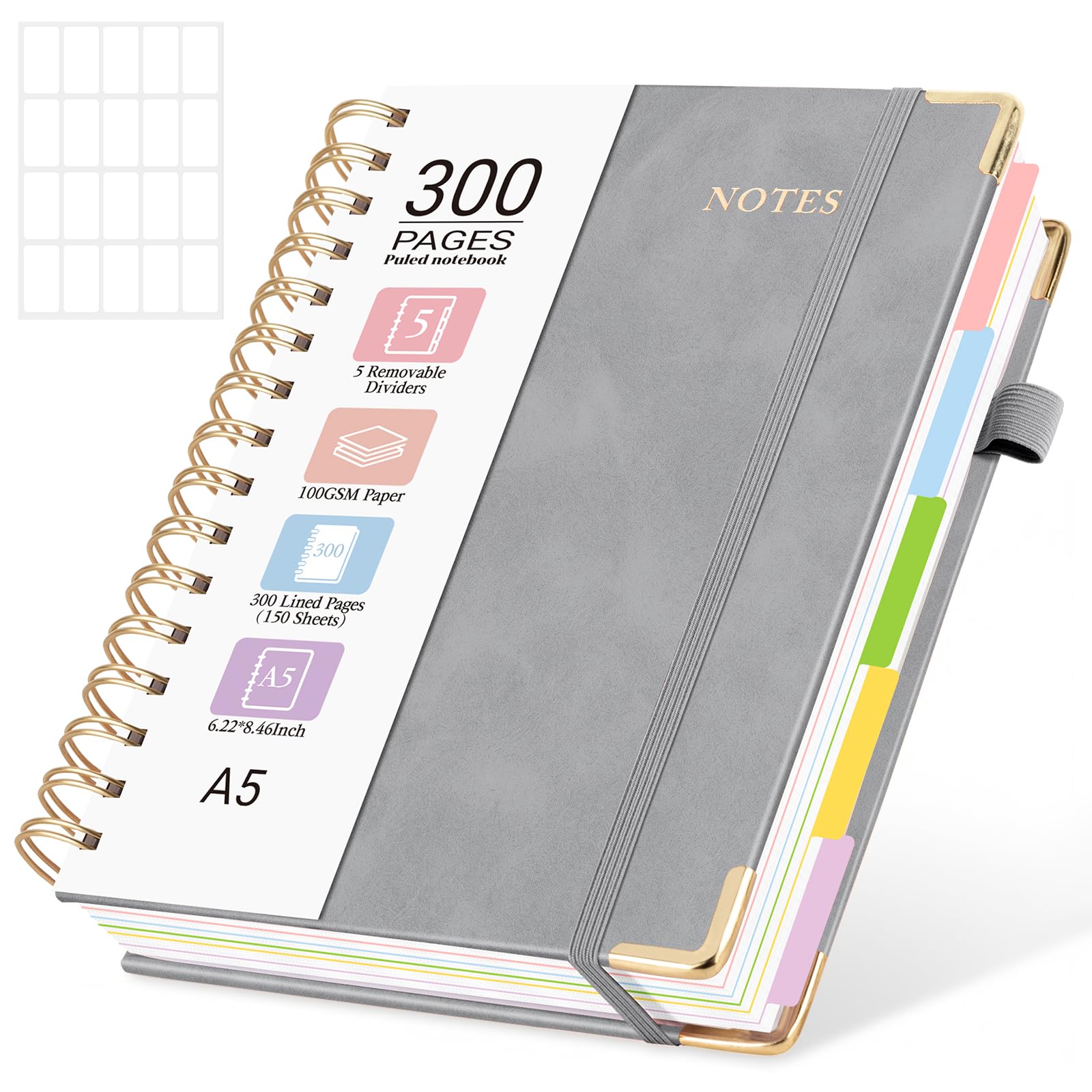 MOFELON A5 Notebook with Dividers, Notepad A5, 300 Pages Spiral Lined Notebooks,PU Leather HardCover Journals for Women,Note Book Pad for Office Work School, 21.5 x 15.8cm - GREY — image 1