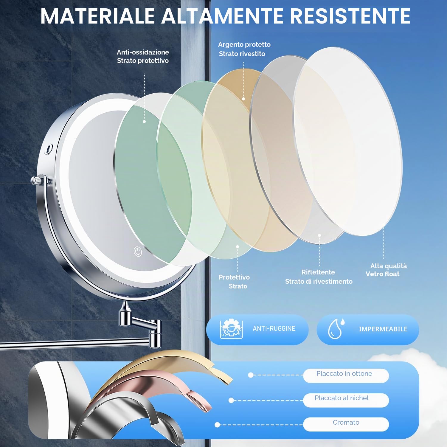 Auxmir 25cm Specchio Trucco con Luci Ingranditore 30X/1X da Parete, Argento | Estensibile, Rotazione a 360°, 54 LED, 3 Colori, Luminosità Regolabile, 5000mAh Batteria, Ricaricabile, per Bagno Hotel Spa