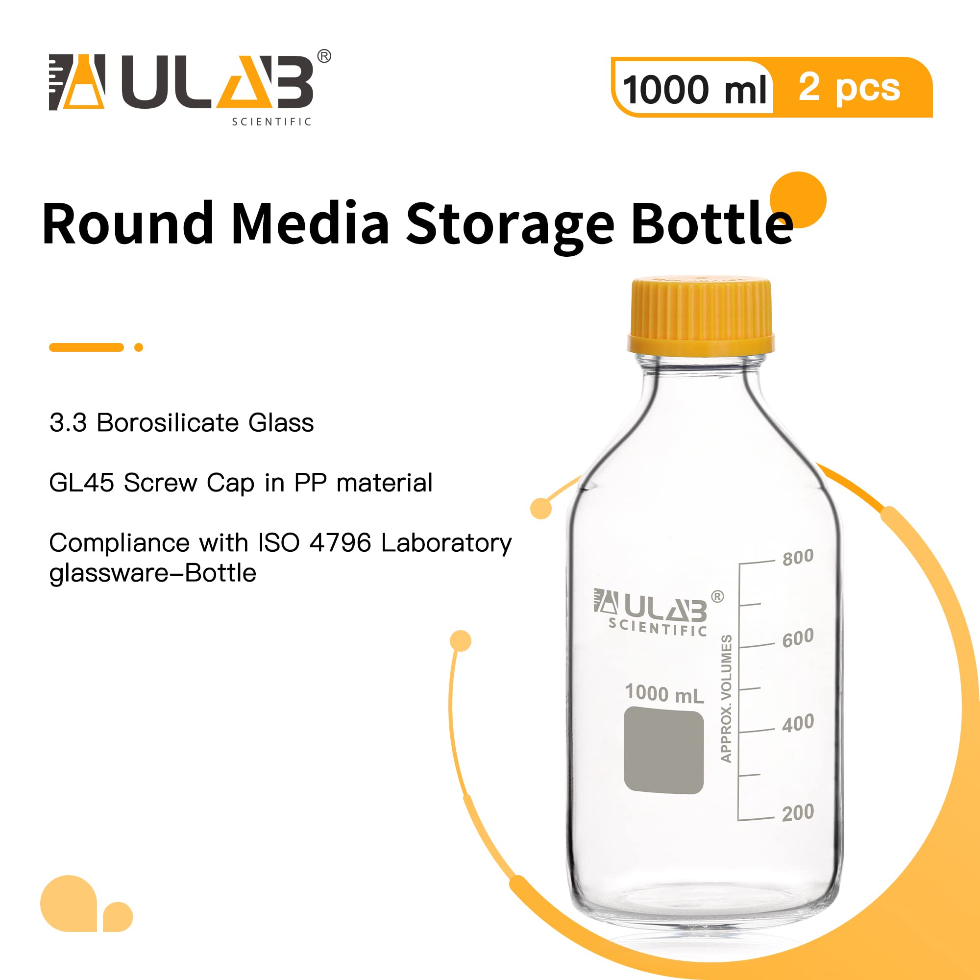 ULAB Round Media Storage Bottle, Vol.1000ml(33.8oz) 3.3 Borosilicate Glass Bottles with GL45 Screw Cap, Pack of 2, URB1040