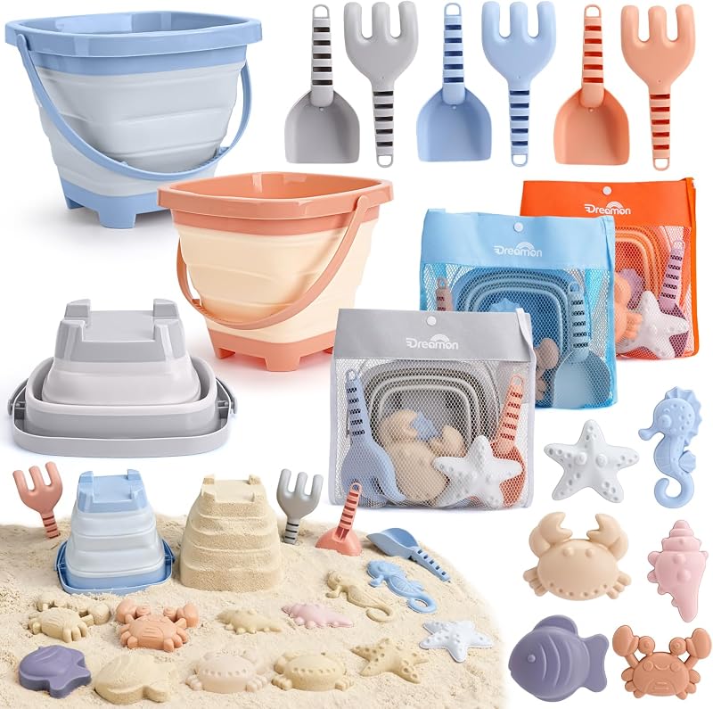 Beach Toys Set, 3 Collapsible Sand Buckets & Shovels Set for Toddlers Kids | Collapsible Beach Bucket with Mesh Bags & Sand Molds, Sandbox Travel Toys for Beach, Camping Gear, Fishing (Blue/Grey/Orange)