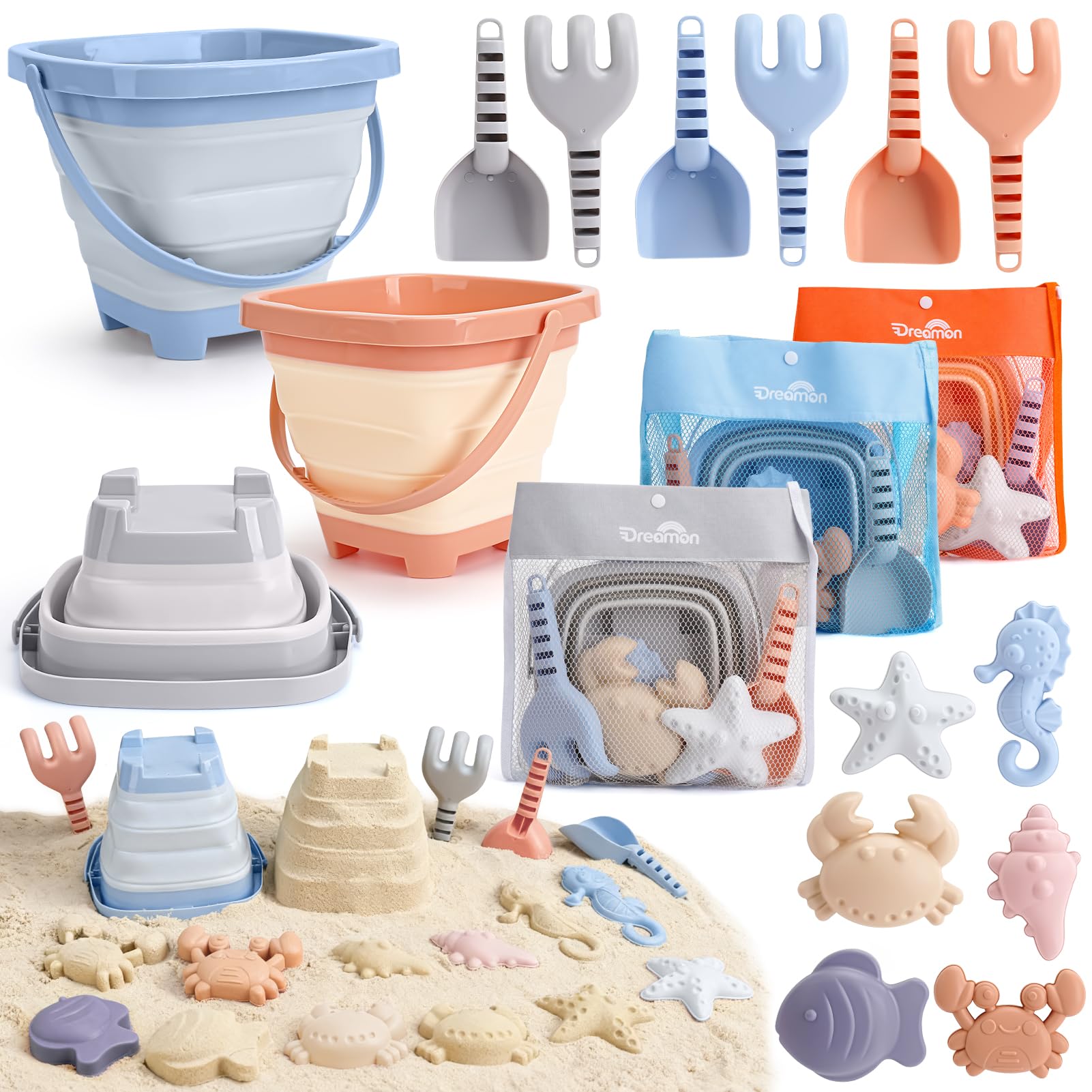 Dreamon Giochi Sabbia Bambini, 18 Pezzi Giochi Mare con Secchiello Spiaggia Bambini Pieghevole Paletta Borsa Rete Giochi Spiaggia (Blu, Arancione, Grigio)
