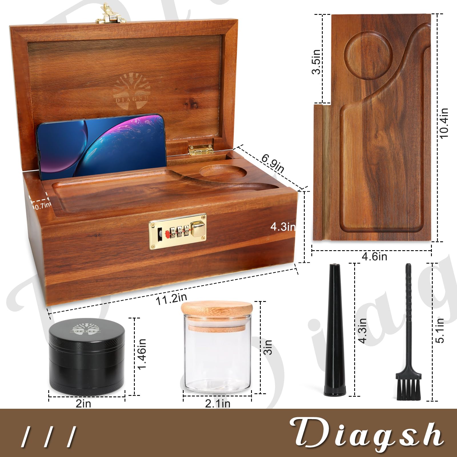 Scatola portaoggetti in legno di acacia di alta qualità con macina e serratura a combinazione, set organizer multiuso con barattoli di vetro