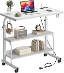 SogesHome 31.5 Inch Adjustable Mobile Standing Desk with Charging Station, Rolling Small Computer Desk, Portable Laptop Desk with Storage Shelves and Wheels for Home Office (White)