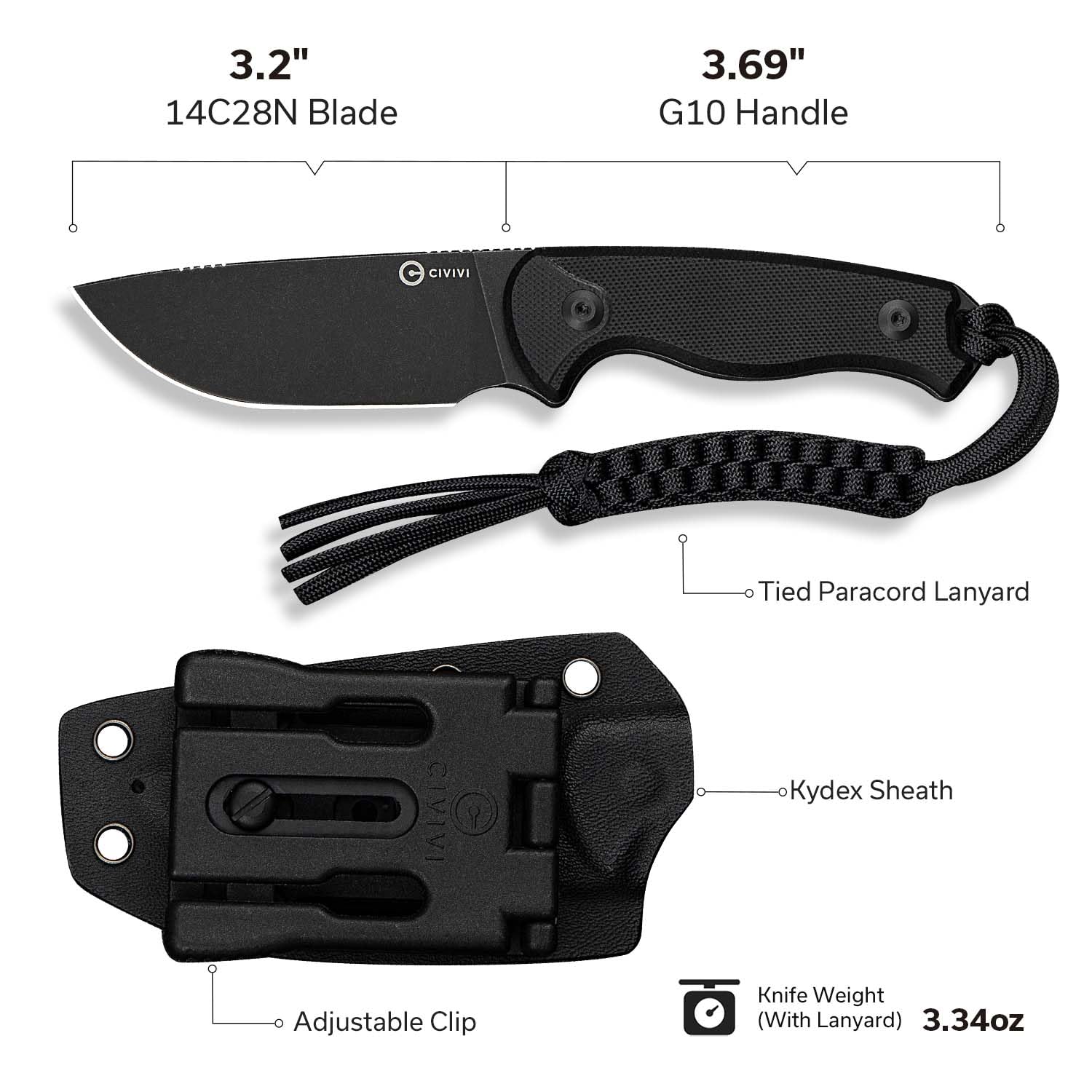 CIVIVI Timberbark Outdoor Feststehendes Messer, 8,12 cm 14C28N Klinge | Outdoor-Jagdmesser, G10-Griff in Vollerl-Bauweise, Kydex-Scheide & Kordel inklusive, Vertikale/Horizontale Trageweise