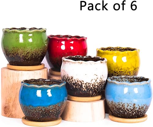 Miniatura 2 de ARTKETTY Macetas para suculentas  Juego de 6 macetas de cerámica para suculentas de 4 pulgadas con bandeja de drenaje, macetas pequeñas para plantas