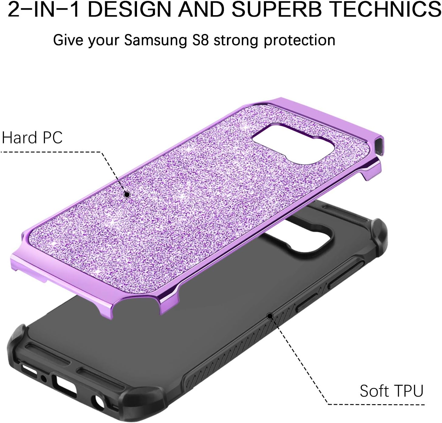 BENTOBEN Galaxy S8 Case, Phone Case Samsung S8, Bling Sparkly Glitters Slim Fit Shockproof Protective Dual Layer Hybrid Hard PC Soft TPU Bumper Drop Protection Non-Slip Girl Women Phone Covers, Purple