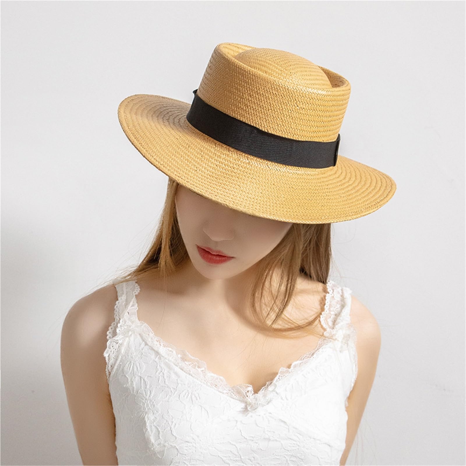 Cappello di Paglia a Tesa Larga Lavorato a Mano per Viaggi Estivi - Protezione Solare Casual Nera