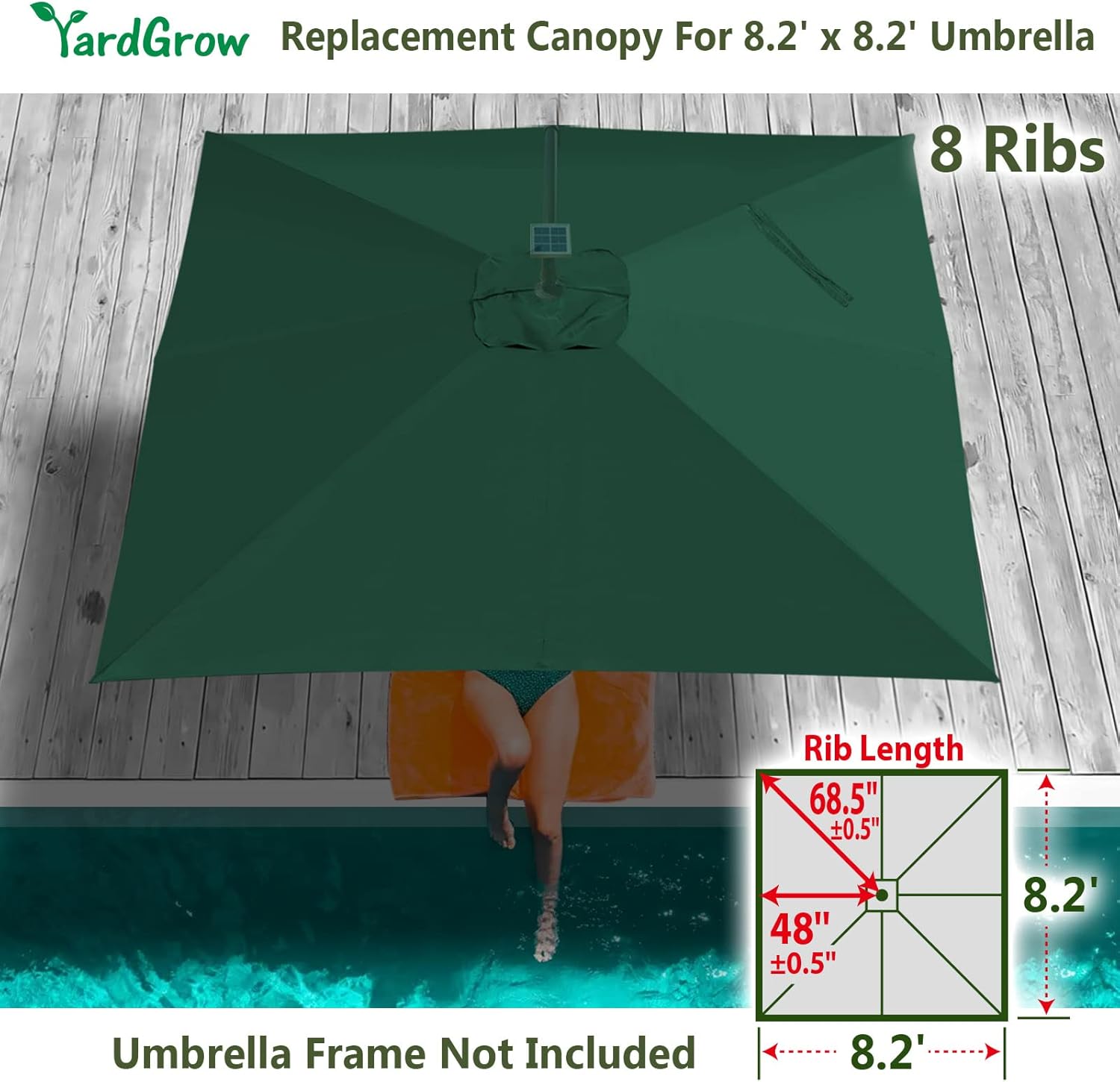 YardGrow 8.2'x8.2' Umbrella Replacement Canopy for 8 Ribs Square Cantilever Umbrella, Canopy Replacement ONLY, Frame NOT Included