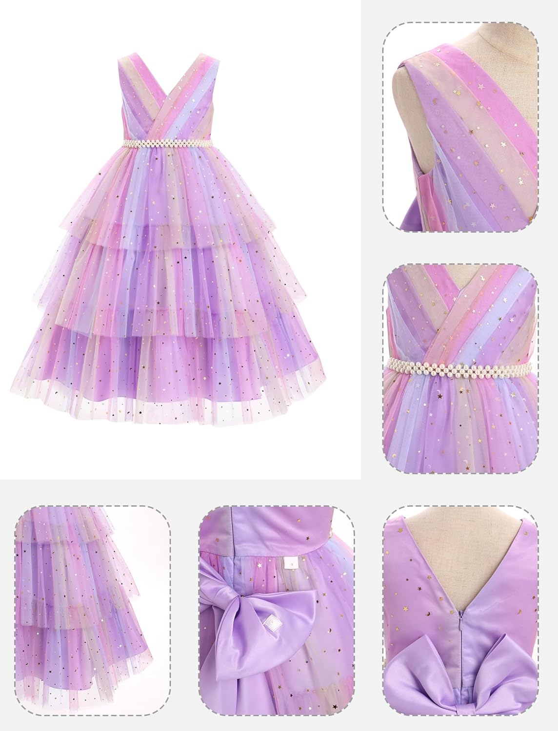 IDOPIP Flower Girls Tulle V-Neck Bowknot Dress for Kids Long A Line Wedding Pageant Dresses Princess Birthday Party Ball Gown - Image 5