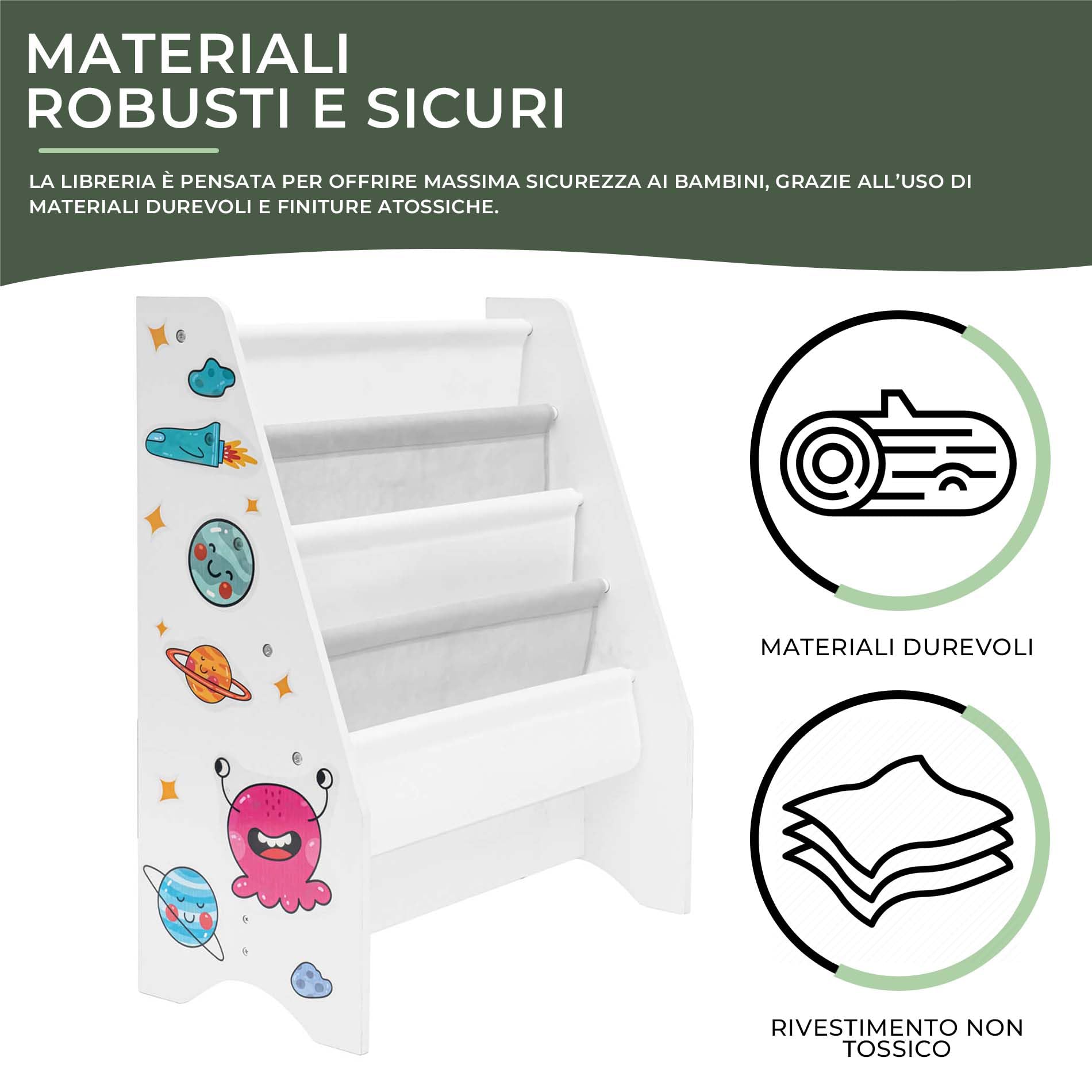 Rebecca Mobili Scaffale Per Bambini, Libreria Montessori, Bianco Grigio, MDF TNT, Con 4 Ripiani, Per Libri Quaderni - Misure HxLxP: 71 x 61 x 29 cm - Art. RE6845