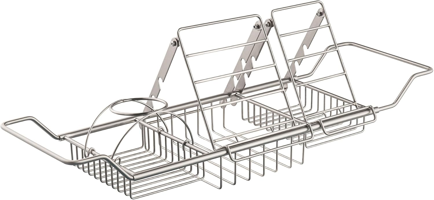 Woodbridge Stainless Steel Extendable Bathtub Caddy Tray in Brushed Nickel Finish with Removable Wine Holder, Book and Phone Rack, Bathcad-BN