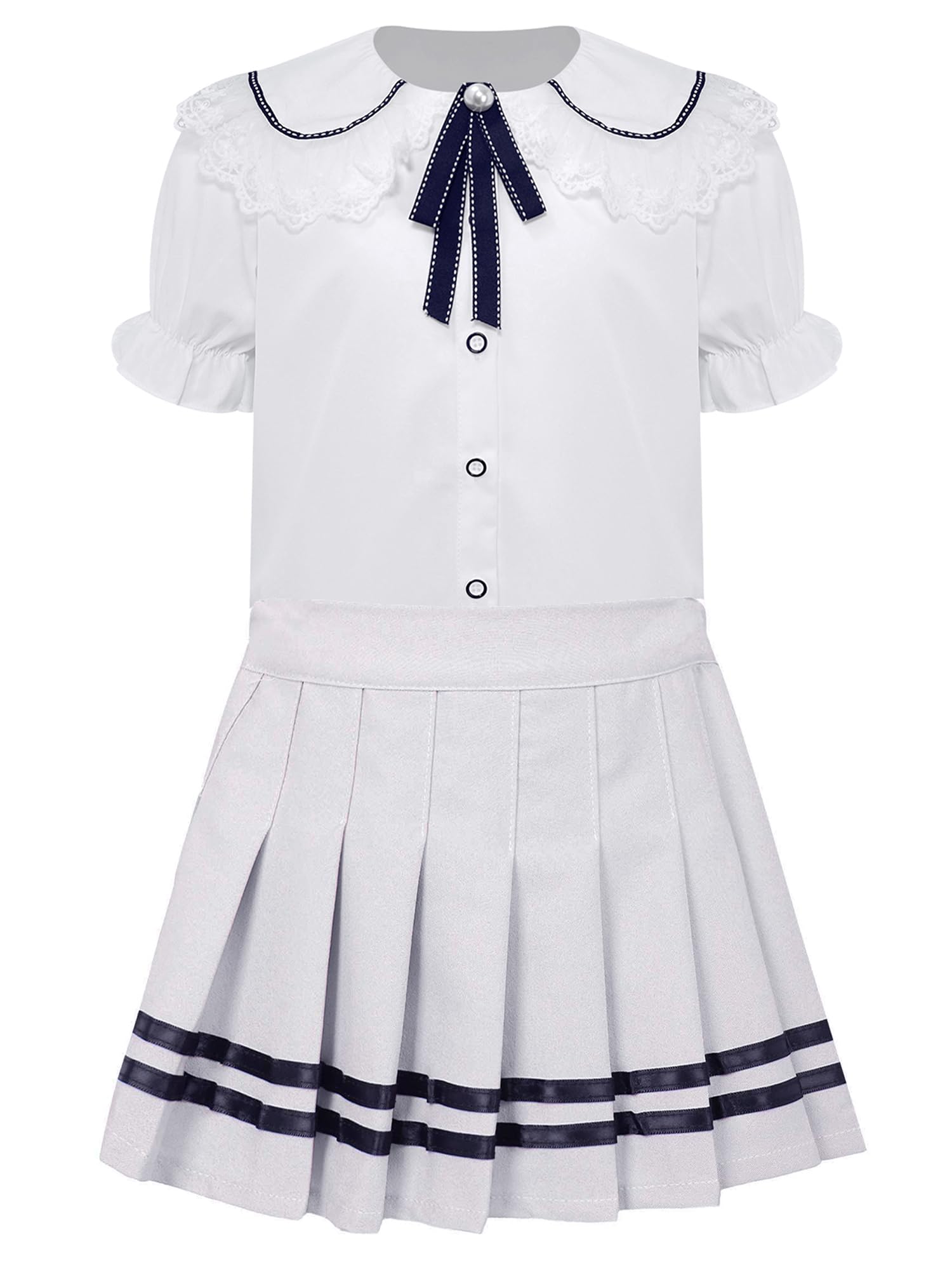 Freebily 3Pcs Uniforme Escolar Japonés Coreano Británico Niñas Ropa Conjunto Manga Corta Falda Plisada a Cuadros Vestido Escolar Casual Infantil