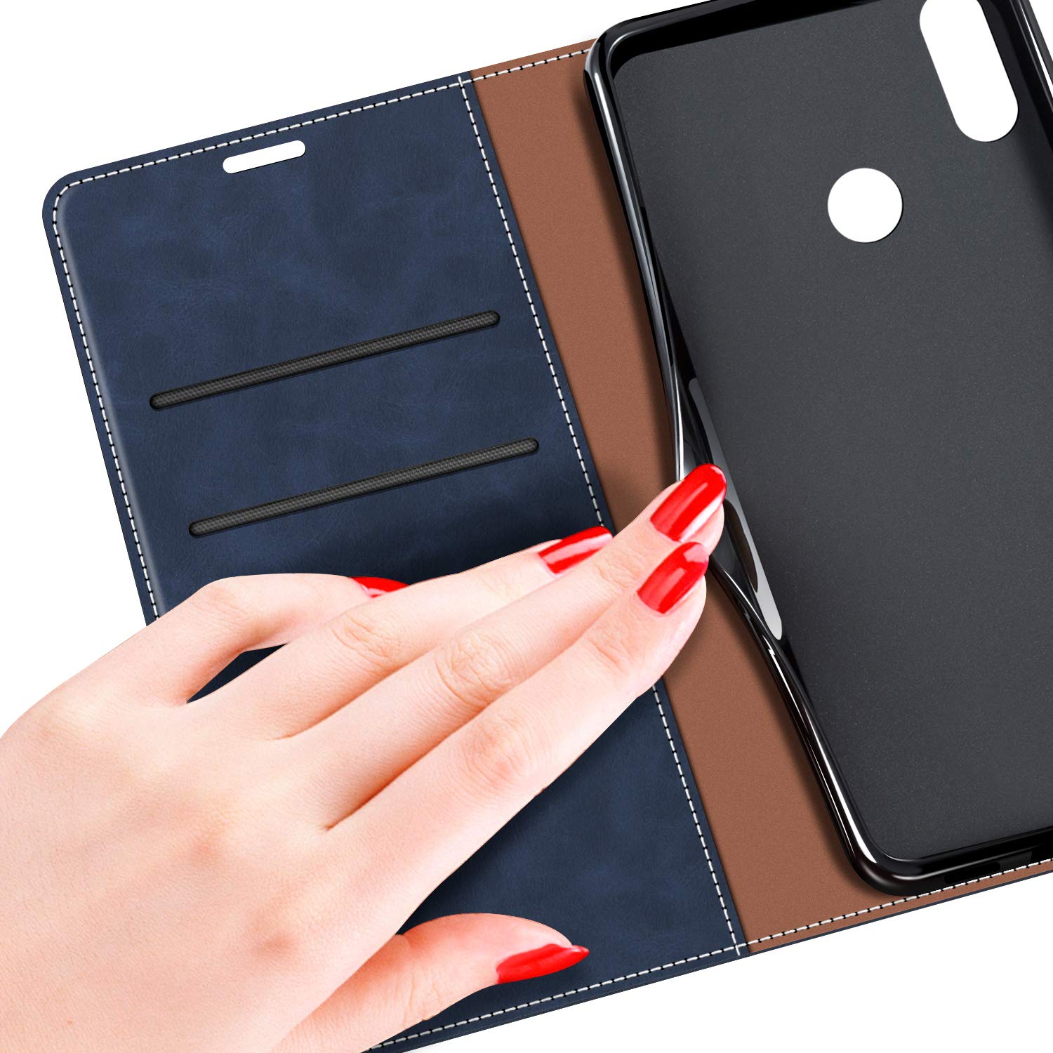 MOBESV Custodia A Libro Magnetica In Pelle Per Huawei Y6 2019 / Honor 8A, Con Porta Carte E Supporto Video, Viola/Rosso - 2