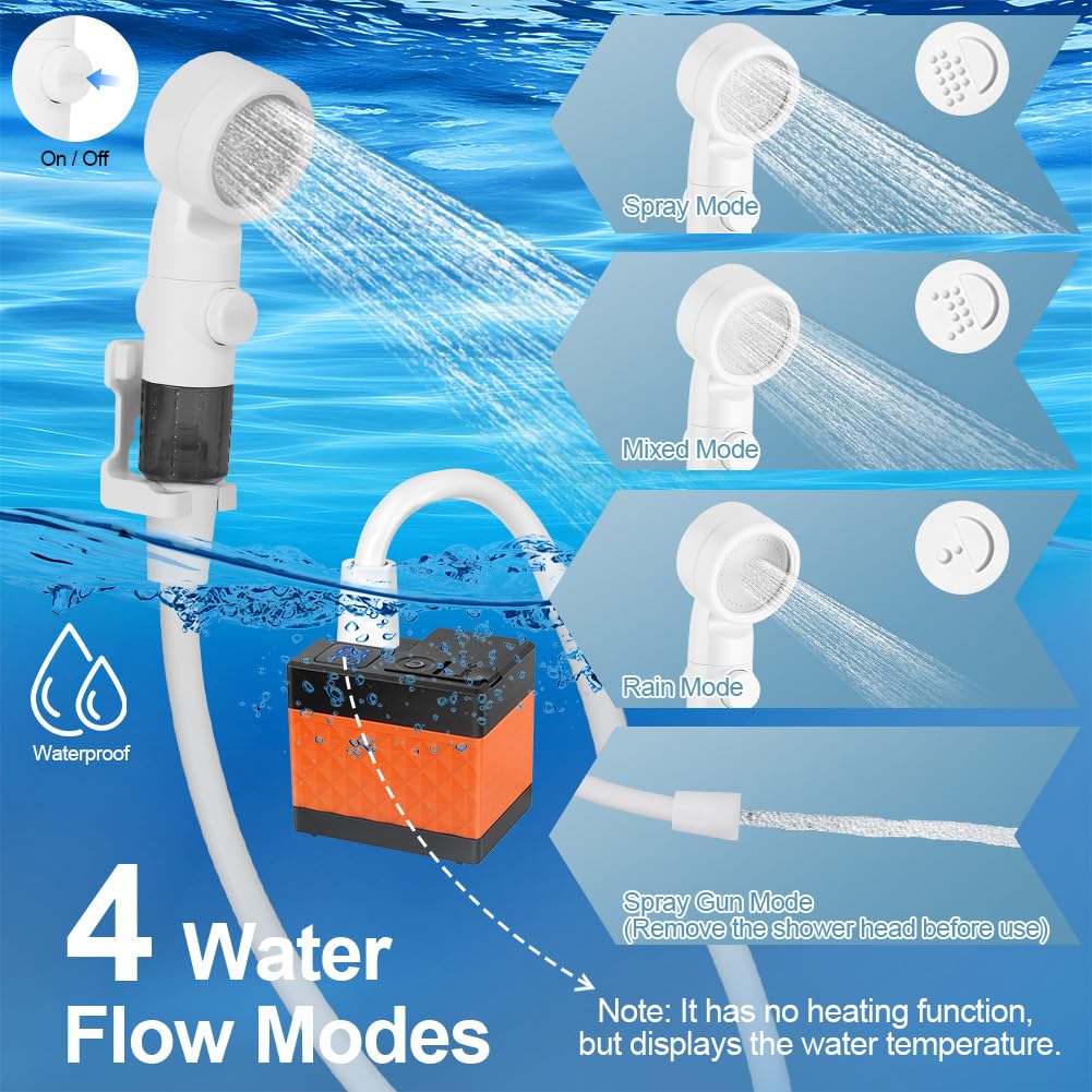 Doccia da Campeggio, Doccia Portatile Ricaricabile, kit di lavaggio impermeabile ricaricabile, 6000 mAh Batteria, Tubo 2 m, 3 modalità di spruzzo regolabile per Spiaggia, Auto, Animali, Giardino