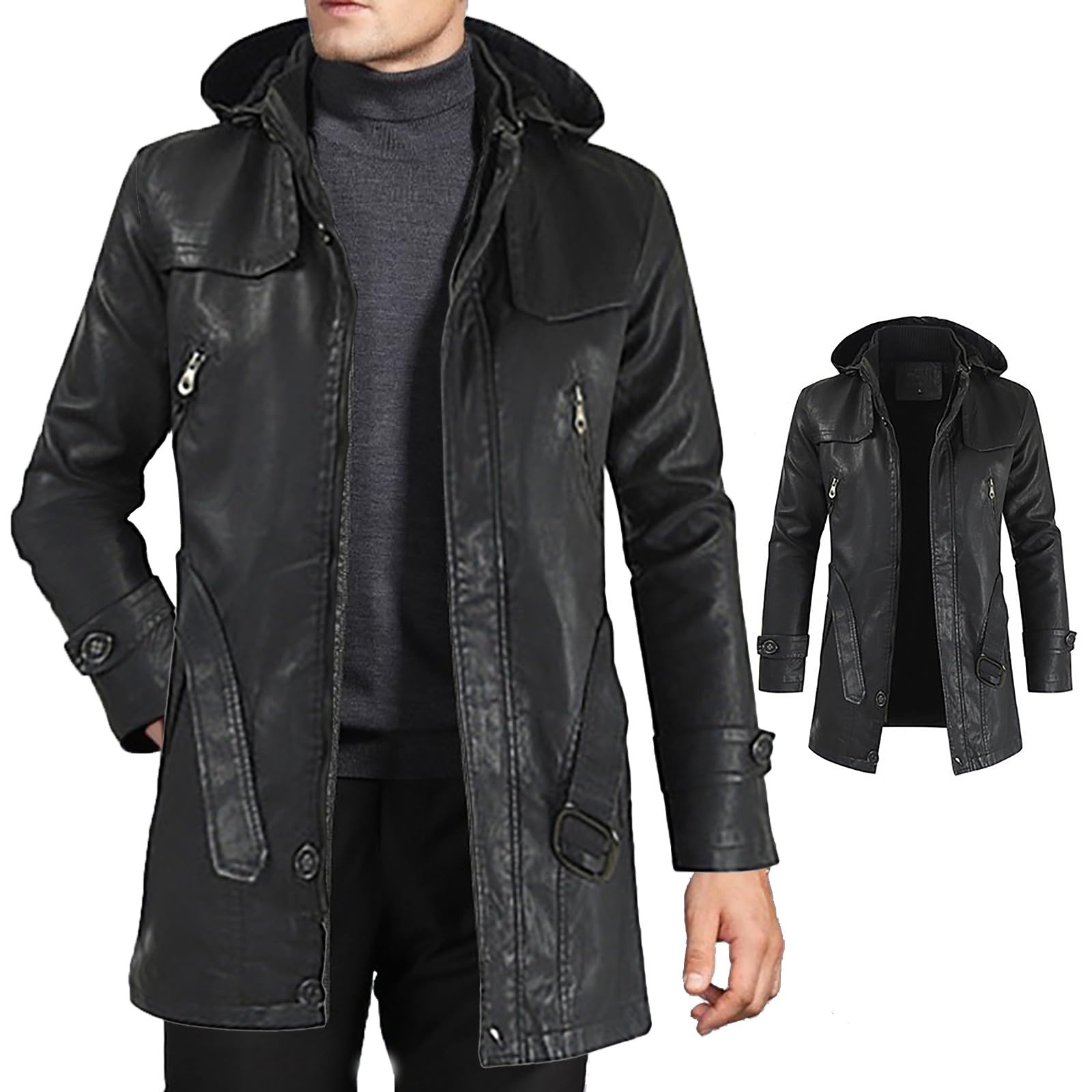 Veste en cuir pour homme, long duffle-coat 3/4 avec capuche amovible, parka, long trench noir, manteau à capuche safari noir, manteau coupe-vent d'hiver chaud avec poches